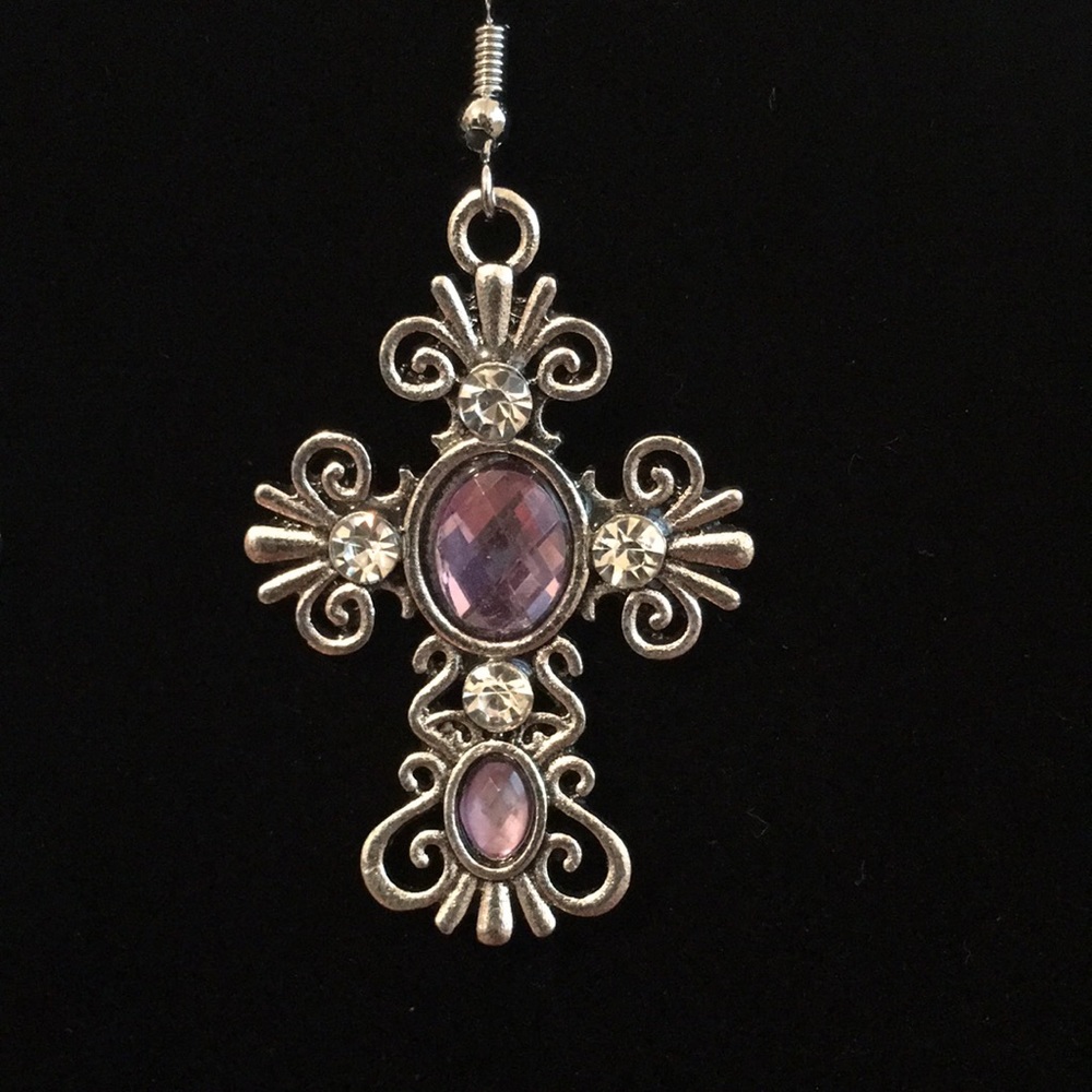 Rhinestone Cross Earrings - Light Purple - Picture 2 of 3